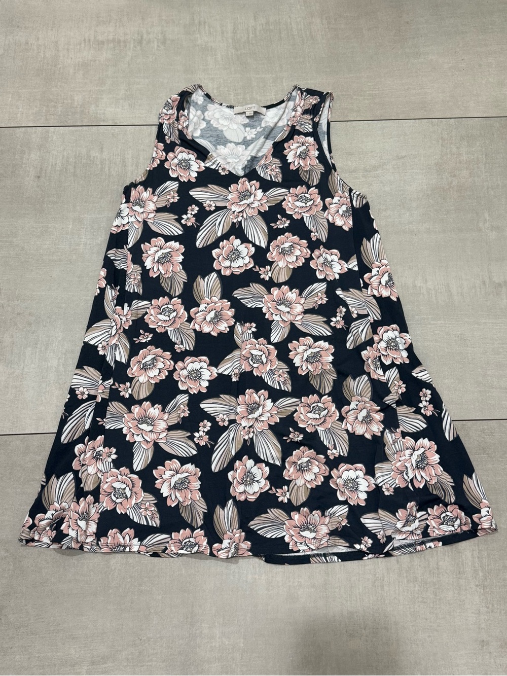 Loft Navy Floral Swing Dress with Pink Blossoms